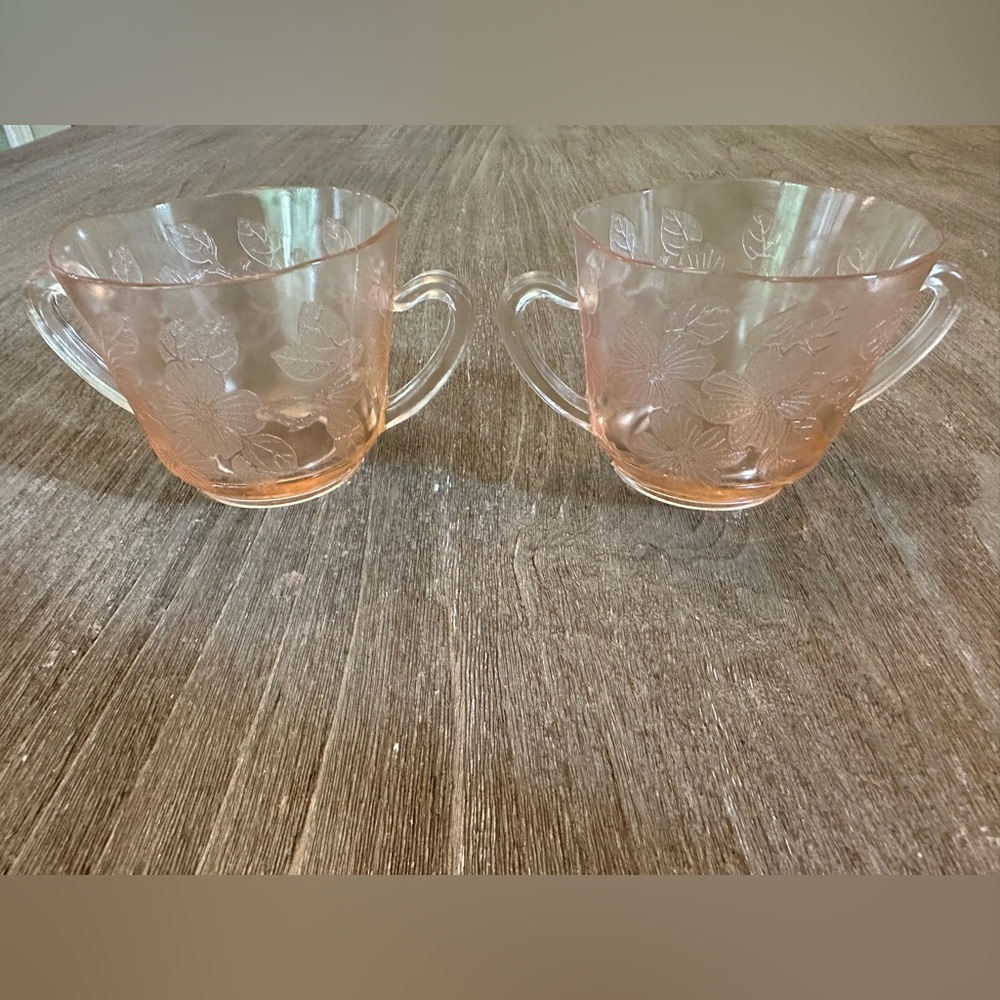 Depression Glass 2 Dogwood Macbeth Evans Pink Open Sugar Bowls / Cups W/ Handles